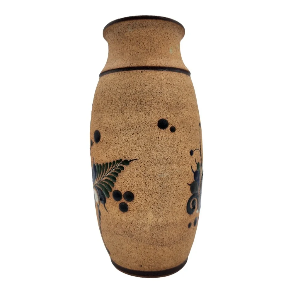 VTG Tonala Mexican Folk Art Pottery Vase Blue Sandstone Floral Bird Signed 9